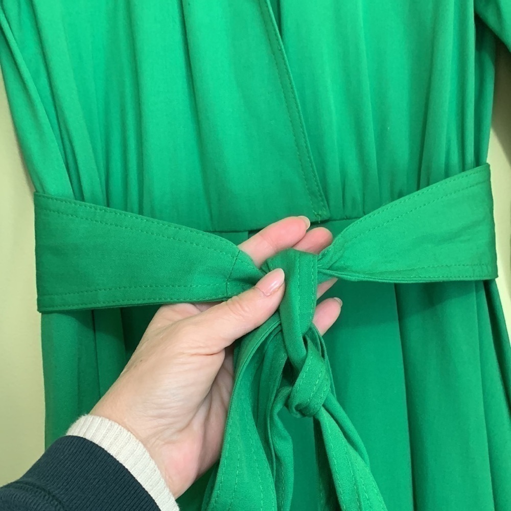 Caron || 80’s Kelly Green Long Sleeve Faux Wrap Belted Shirt Pocket Dress M - Picture 10 of 16